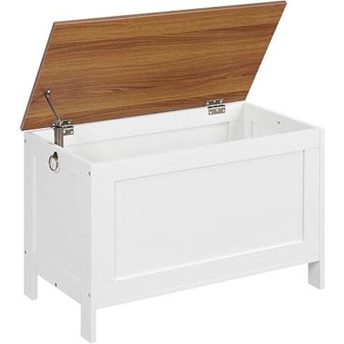 HOOBRO Toy Box, Retro Wooden Look Storage Chest with Safety Hinge, Entryway Storage Bench Supports 220 lb, 29.9 x 15.7 x 18.9 Inches Toy Chest Organizer, Easy Assembly (White and Walnut) WH75CW01G1