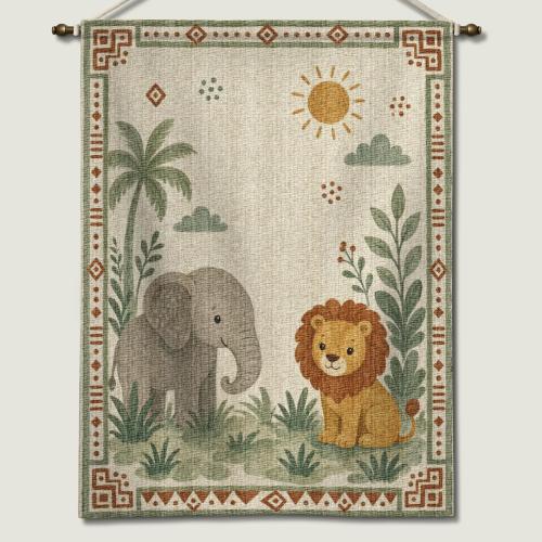 Safari Baby Animals Tapestry | Boho Nursery Wall Hanging Decor | Elephant Lion Kid's Room Art