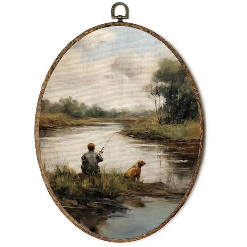 OINDADE Vintage Boy Nursery Fishing Oval Wall Art Decor, Boys Room Wall Art Hanging Decor, Peaceful Lake Boy and Dog Framed Canvas Artwork for Boys Nursery Living Room, 8.8x11.5in