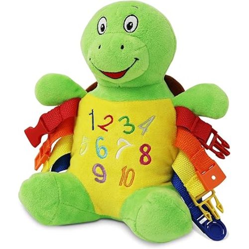 Buckle Toys Bucky Turtle Stuffed Animal Montessori Toys for Toddlers 1-3 Animal Sensory Toys to Develop Fine Motor Skills & Learn Shapes and Colors, Travel Essentials for Kids, Includes Storage Pocket
