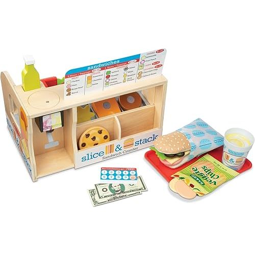Melissa & Doug Slice-Stack-Serve, Wooden Sandwich Counter Pretend Play Store with Play Food Toys, Play Money & Deli Slicer, Preschool Toys for Kids 3+