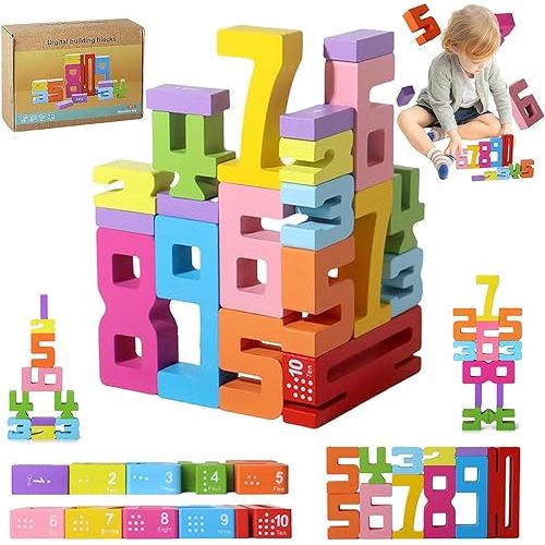 Montessori STEM Wooden Math Blocks for Kids 3+ | Number Stacking Toy with +/- Games | Non-Toxic Eco-Friendly Paint & Dual-Sided Cards (20PC Multi-Age Learning Kit)