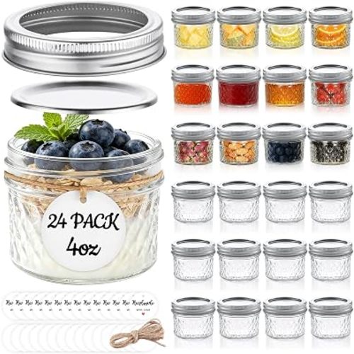 Mini Mason Jars 4 oz, 24 Pack Small Glass Jars with Lids