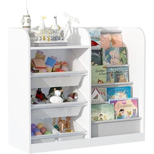 NACHES Kids Bookshelf & Toy Storage Organizer, 5-Tier Sling Pockets Toddler Bookcase with 4 Toy Bins for Playroom, Nursery & Kids Room (White)