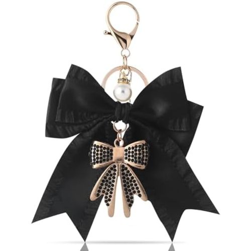 Bow Keychain for Women, Rhinestone Pearl Bow Purse Charm - Cute Crystal Bag Charms for Backpacks Handbags Purses