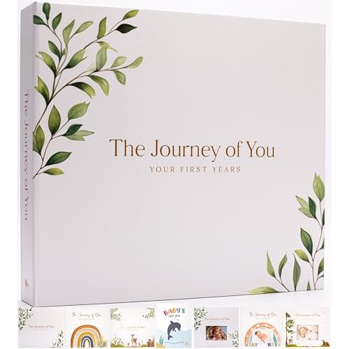 Baby Memory Book and 5-Year Journal, Gender Neutral Baby Milestone Album with Flat-Lay Pages, FSC Archival Paper, 108 Photo-Friendly Pages, Keepsake Box and Envelope, Botanical Theme Scrapbook