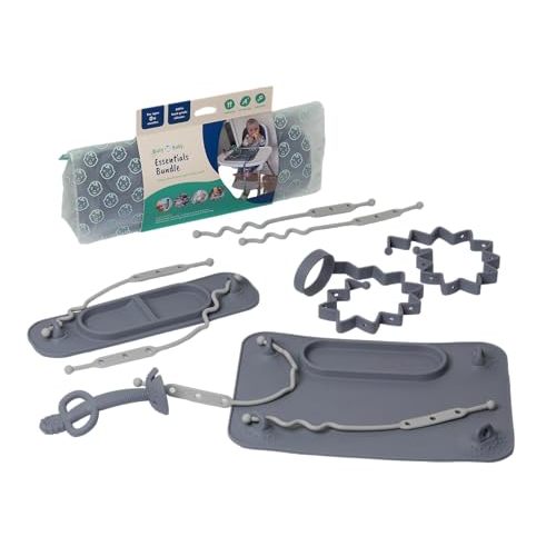 BUSY BABY Essentials Bundle New Parent Starter Kit - Suction Placemat, Mini Mat, Teether Spoon, Toy Bungee, Bottle Bungee, 6 Tether Straps, Wet Bag (6, Pewter)