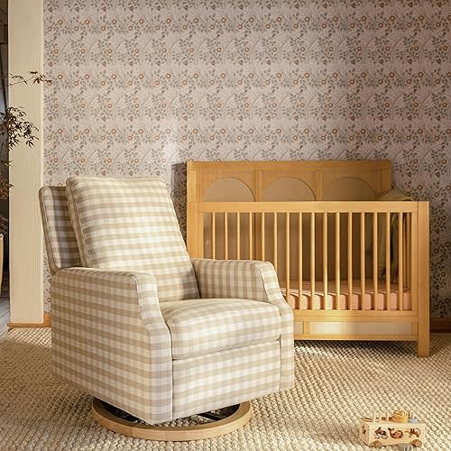 Namesake Crewe Glider Recliner Nursery Chair - GREENGUARD Gold & Certi-PUR US Certified, Ultra Cozy 360° Swivel Rocker Recliner - Versatile Glider Rocking Chair for Nursery & Living Room - Tan Gingham