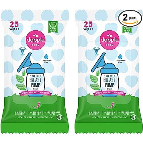 Dapple Baby Breast Pump Cleaner Wipes, Fragrance Free, 25 Count (Pack of 2) - Travel Breast Pump Cleaning Wipes Made in The USA