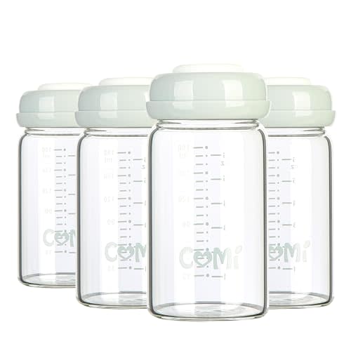 COMI Wide Neck Glass Breastmilk Collection n Storage Bottle, 4 Packs, 6oz with Screw Ring Sealing Disk; Re-markable Sealing Disc. BPA Free, Fits Breast Pumps & Nipples (4 Gray Lids)