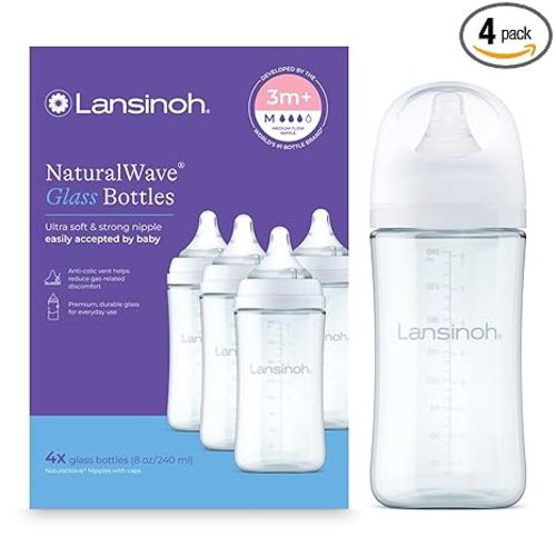 Lansinoh Glass Baby Bottles, Anti-Colic, White, 8oz, 4 Count, with Medium Flow Nipples (Size M, 3-6 Months), Baby Feeding Essentials