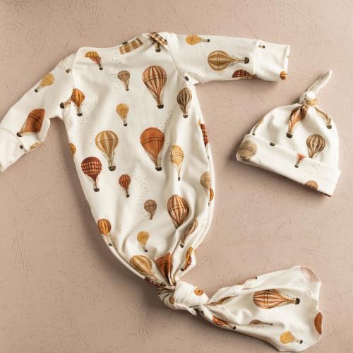 Hot Air Balloon Baby Gown Set: Organic Newborn Romper, Knot Hat & Mittens