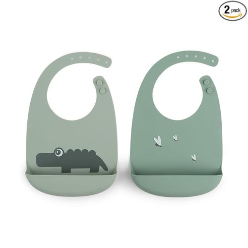 Done by Deer Croco Green Silicone Bib 2-Pack - Waterproof, Adjustable, Easy-to-Clean - Baby Must-Haves with Food-Grade Silicone
