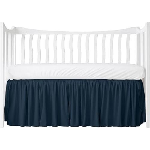 Crib Bed Skirt Dust Ruffle with Split Corners, 100% Cotton, Navy Blue Nursery Crib Skirt for Baby Boys or Girls, 28x52, 14" Drop, Toddler Bed Skirt, Baby Bedding, Crib Sheet Skirt, Soft & Breathable