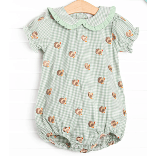 Tailfeather Craze Embroidered Girl Bubble, Green Gingham