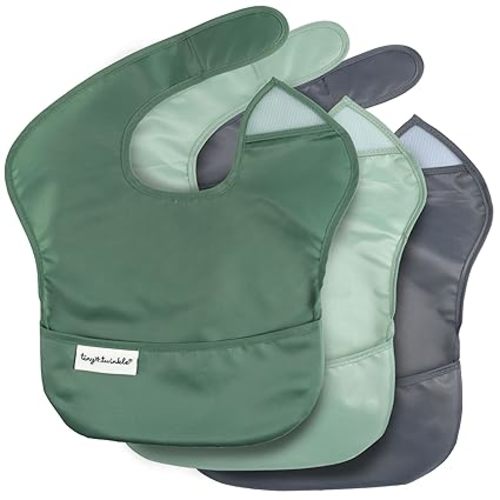 Tiny Twinkle Mess-Proof Baby Bibs for Eating | Waterproof, Wipeable Toddler Bibs with Catch-All Pocket | Feeding Bibs for Girls & Boys(3 Pack,Olive. Slate)