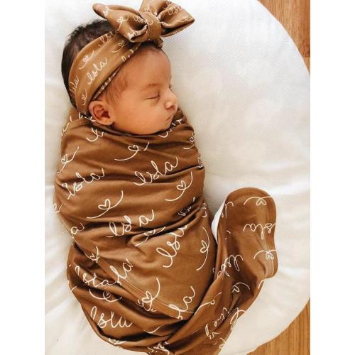 SewMine CPSC personalized receiving baby swaddle blanket Newborn Name reveal Hospital photo coming home boy girl headband hat Shower