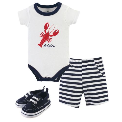 Hudson Baby Infant Boy Cotton Bodysuit, Shorts and Shoe 3pc Set, Lobster, 9-12 Months