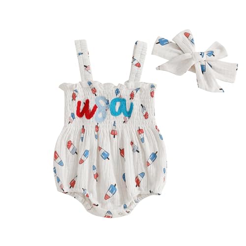 Amnnchya Baby Girl 4th of July Outfit Ice Cream Sleeveless Fourth of July Romper Newborn Independence Day Clothes