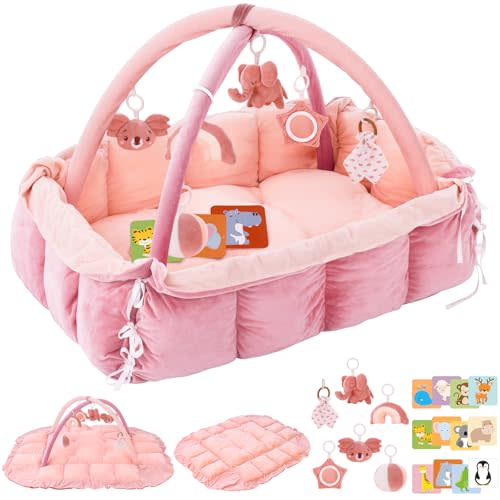 5-in-1 Plush Baby Play Gym, Baby Play Mats, Convertible Baby Gym, Tummy time mat, 6 Sensory Toys, Activity Center, Ball Pit, Light Pink