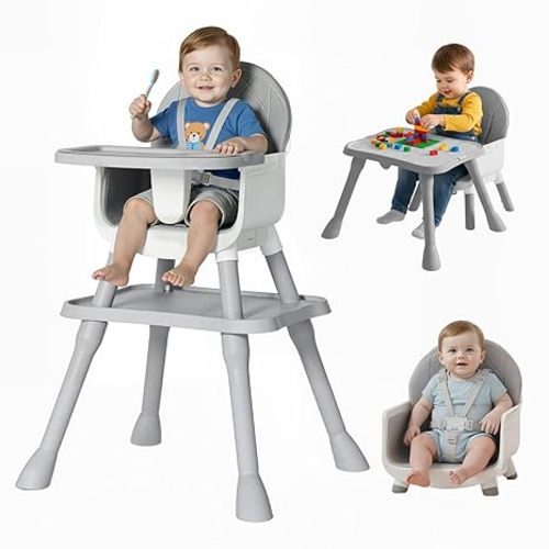 6-in-1 Convertible Baby Highchair, Booster Seat, Toddler Chair & Building Block Table, with Removable Tray, Easy Clean Cushion & 5-Point Harness (Grey)