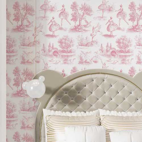 Pink Ballerina Toile De Jouy Wallpaper | Peel and Stick or Unpasted