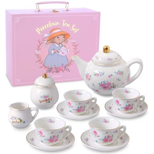 Giggle & Honey Porcelain Tea Set for Girls - White & Floral Tea Party Set for Kids I Complete Children Tea Sets with Carry Case, Teapot, Cups and More, Birthday Gift for Little Girls & Toddlers