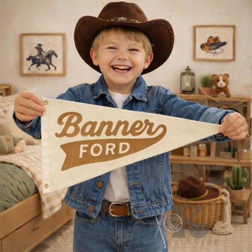 Custom Hand Embroidered Name Pennant: Cotton Wall Decor