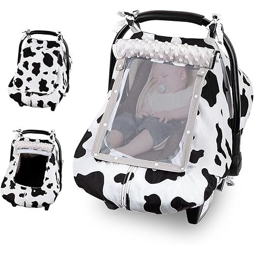 FIOBEE Baby Car Seat Cover, Car Seat Covers for Babies Infant Car Seat Canopy with Breathable Mesh Window Waterproof Carseat Cover for Babies Boy Girl 4 Seasons, White/Cow