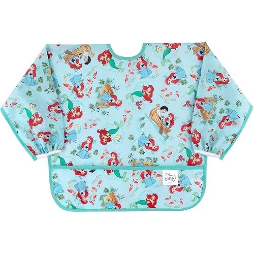 Bumkins Disney Sleeved Bib for Girl or Boy, Baby and Toddler for 6-24 Mos, Essential Must Have for Eating, Feeding, Baby Led Weaning Supplies, Long Sleeve Mess Saving Food Catcher, Soft Fabric, Ariel