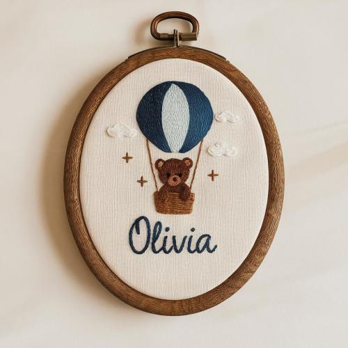 Hand Embroidered Baby Name Hoop: Bear in Hot Air Balloon, Nursery Decor