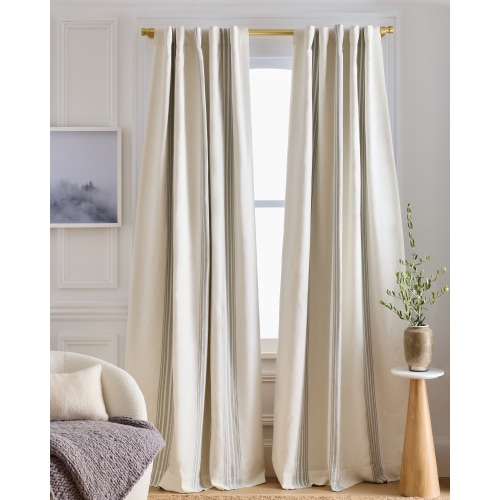 Coastal Stripe Linen/Cotton Blackout Curtain in Ivory/Light Blue