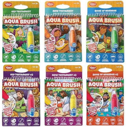 6 Pack of Aqua Brush, Water Reveal, Coloring Scripture Activity Book for Kids. (6 Pack Bible & Book of Mormon Set)