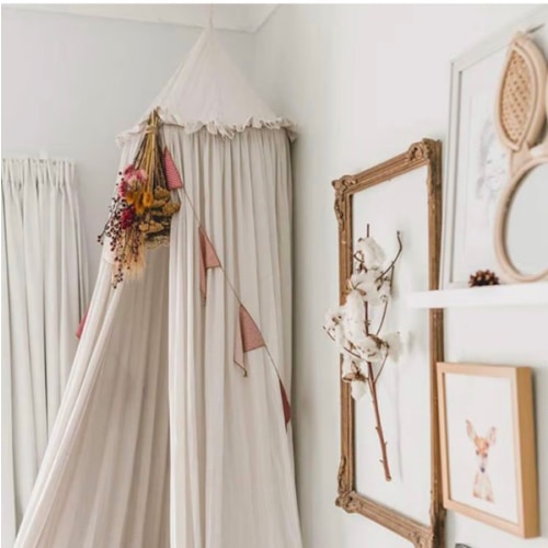 MAMERIA Kids Bed Canopy with Frills Cotton Hanging Tent Curtain Net for Reading Nook Hideaway Bedding Play Room Decor (Beige)