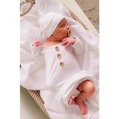 Solid White Bamboo Baby Knot Gown & Hat