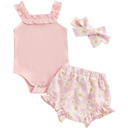 fhutpw Baby Girl Clothes Summer Cute Outfits 3 6 12 18 Months Spaghetti Strap Romper & Floarl Shorts Sets