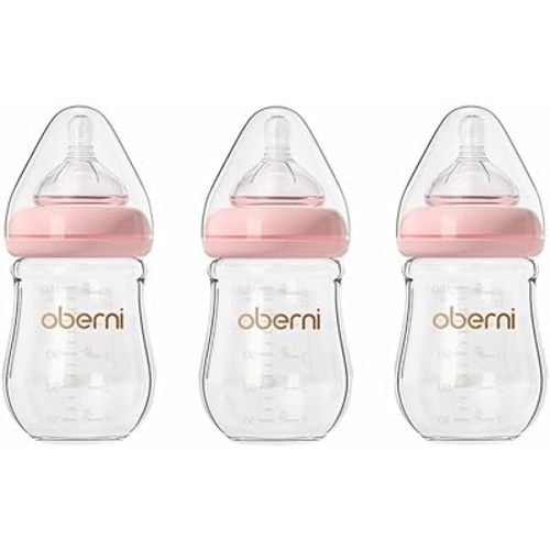 Glass Baby Bottles,Anti Colic Breastfeeding Bottle with Natural Response Nipple Size S,Wide Neck Slow Flow Baby Bottle for Baby,Newborn,Preemie 0-3 0-6 Month,BPA Free (Pink, 5 Ounce，3 Pack)