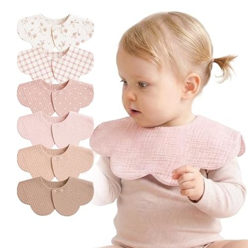 6-Pack Muslin Baby Bibs, 360° Rotate Flower-Shaped Drool Bibs