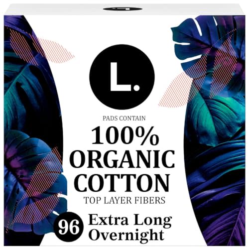 L. Ultra Thin Pads for Women, Overnight Absorbency, Organic Cotton Top Layer, Unscented Pads with Wings, 96 Count (4 Packs of 24)