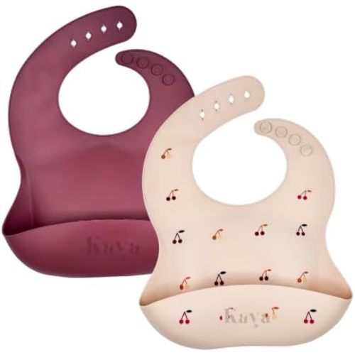 Kaya Silicone Baby Bib Pack of 2, BPA-Free Waterproof Food Catcher, Adjustable Neck, Dishwasher Safe, Babies and Toddlers