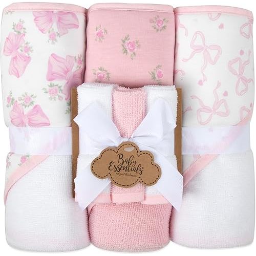 Hooded Baby Bath Towel and Washcloth 6 Piece Set for Newborns, Infants & Toddlers, Boys & Girls Baby Hooded Towels Set (Pink Bows and Flowers)