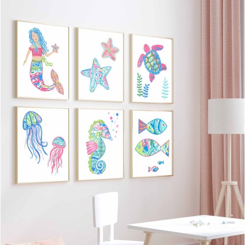 Set of 6 Lilly Mermaid Art Prints for girl Nursery or Bedroom, Bathroom Wall Décor | MakerPlace by Michaels