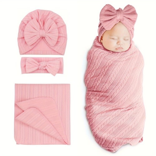 Baby Swaddle Blankets for Girls Boys, 3pcs Newborn Accessories Set with Matching Hat And Bow Headband Soft And Skin-friendly Texture, Suitable for All Four Seasons