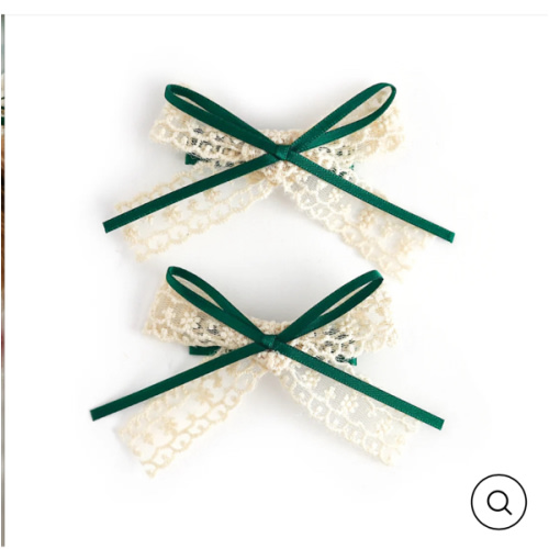 Ribbon & Lace Pigtail Bows - Vanilla/Forest