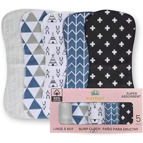 Blessique Burp Cloths Baby 5 Pieces,Waterproof Spill Proof Function, Essentials, Registry Items, Face Cloth, Face Cloth Boy Girl, Panales De para Bebes Stuff (Blue-Blackish)