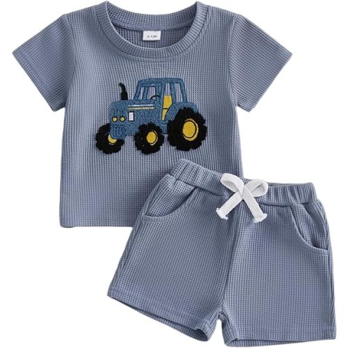 Kupretty Toddler Baby Boy Summer Clothes Embroiderey Waffle Knit Short Sleeve T-Shirt Tees + Casual Shorts Cute Clothing Set