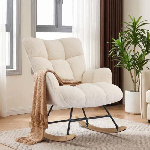 AUNEKIV Nursery Rocking Chair, Teddy Accent Armchair with High Backrest, Upholstered Glider Rocker for Living Room, Bedrooms, Playroom, Ivory