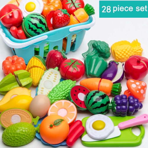 Gqtwoy 28Pcs Cutting Play Food Toys for Kids, Pretend Play Food Set with Storage Basket, Realistic Fake Vegetables & Fruits Toys for Toddlers, Plastic Board and Knife, Birthday Gifts Christmas Gifts