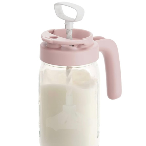 Papablic Glass Breastmilk Pitcher, Fast Baby Formula Maker with Mixing Handle Lid, Wide Mouth Mason Jar Breast Milk Storage Container with Flip-Lock Spout, BPA-Free, Pink.