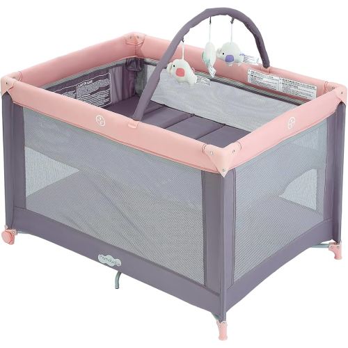 Pamo Babe Portable Playard with Mat Pad and Toy Bar Pink Play Yard for Baby